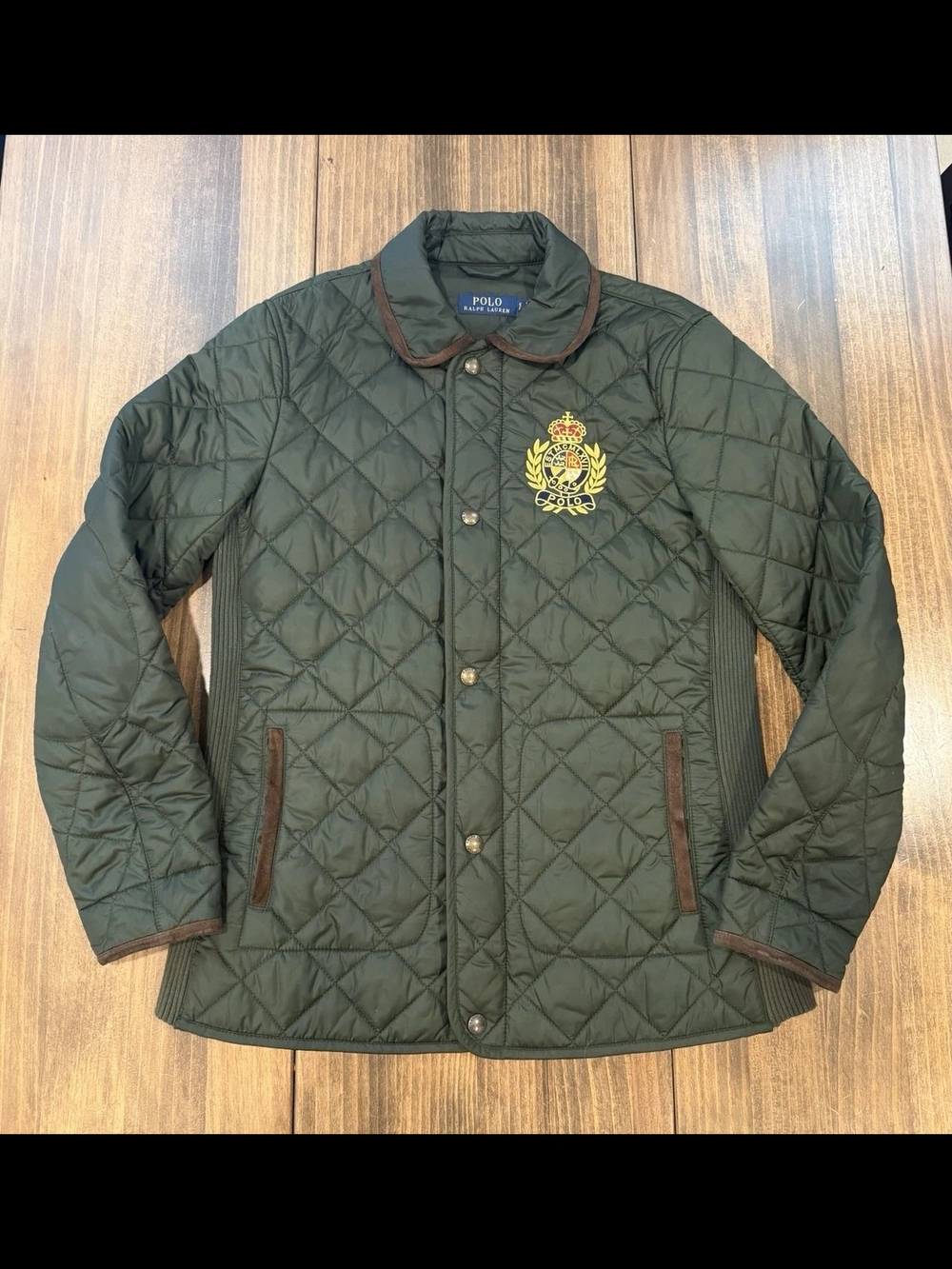 Polo by Ralph Lauren Quilted Olive Green Crest Jacket with Brown Trim